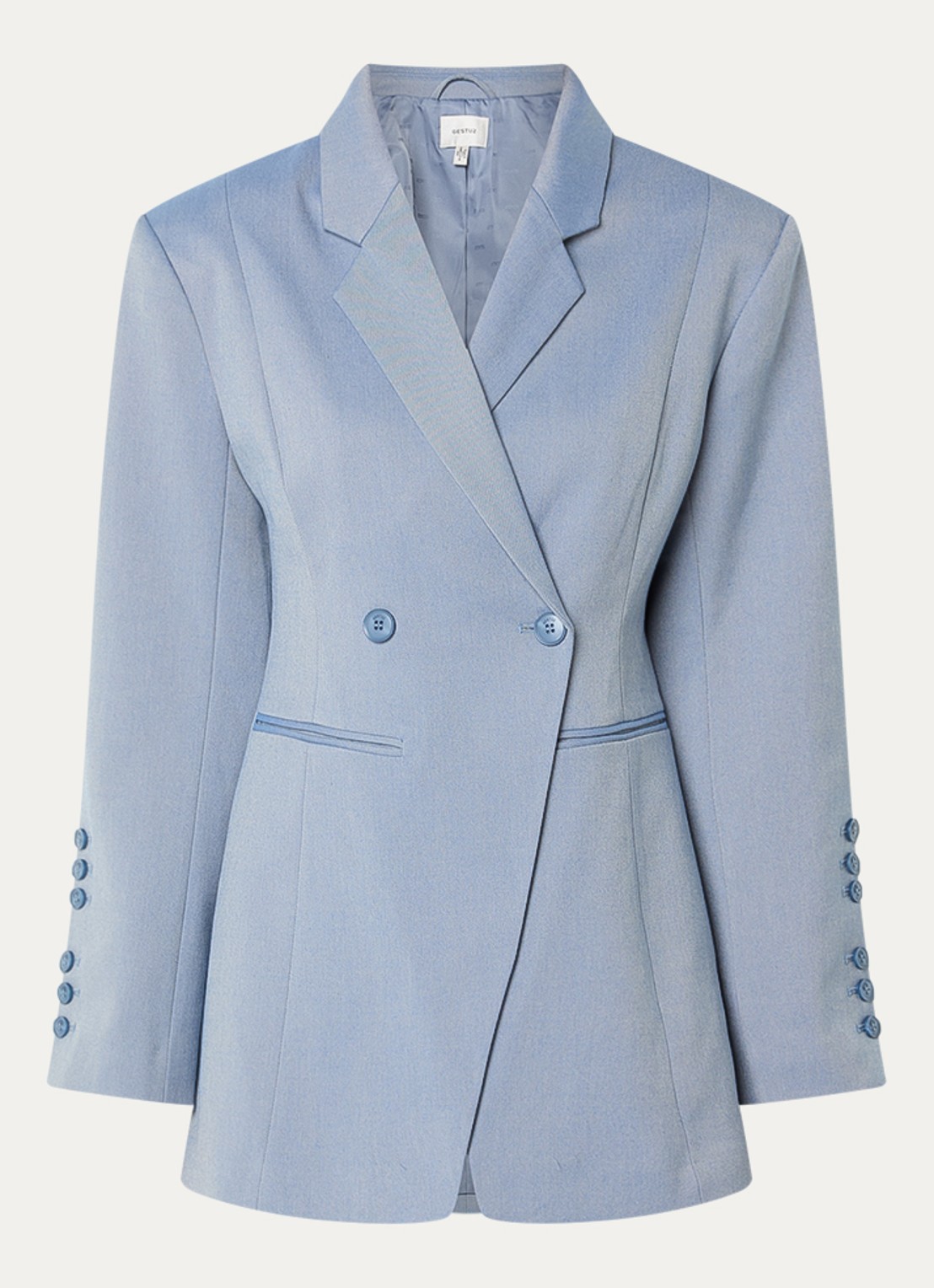 Gestuz Wendi double-breasted blazer met paspelzakken - voorkant blauwgrijs