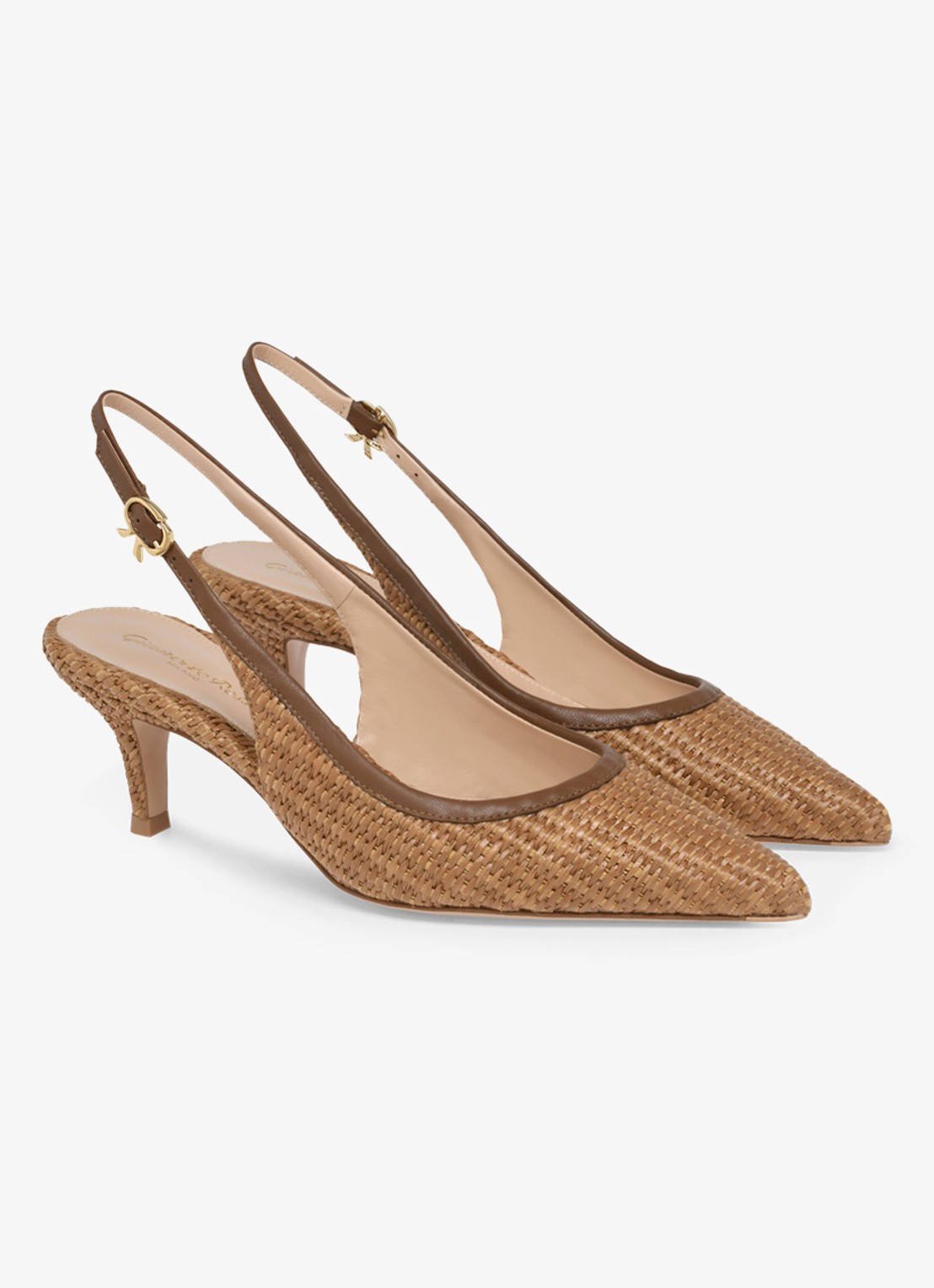 Gianvito Rossi Minorca slingback van raffia met leren details - voorkant 2 bruin
