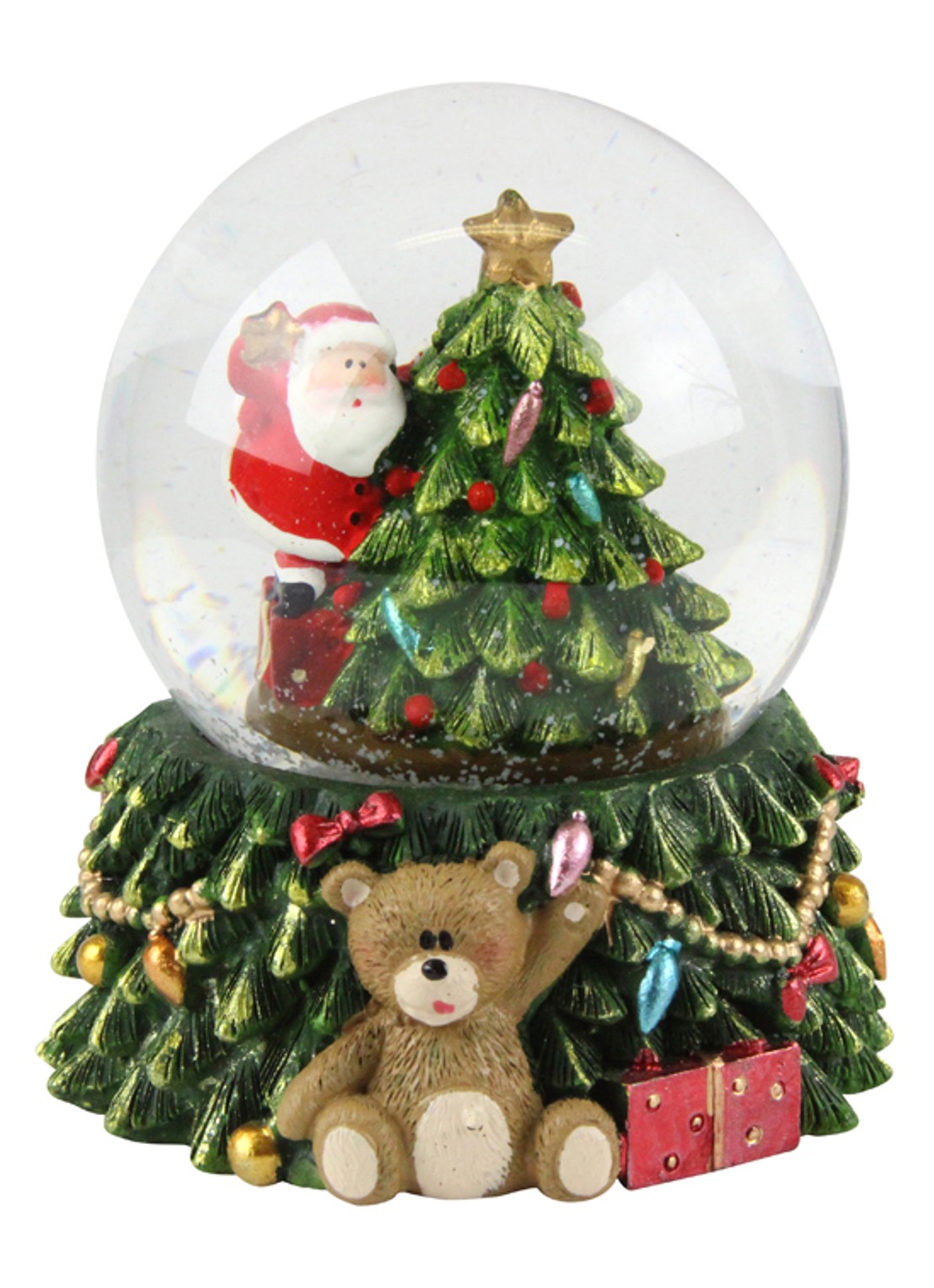 Gisela Graham Kerstman met Kerstboom sneeuwbol 8,5 cm - voorkant groen