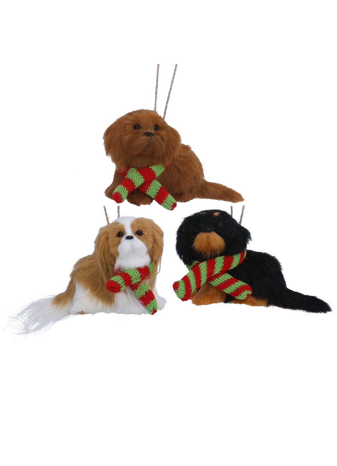 Gisela Graham Puppy met sjaal kersthanger 6 cm set van 3 - voorkant bruin