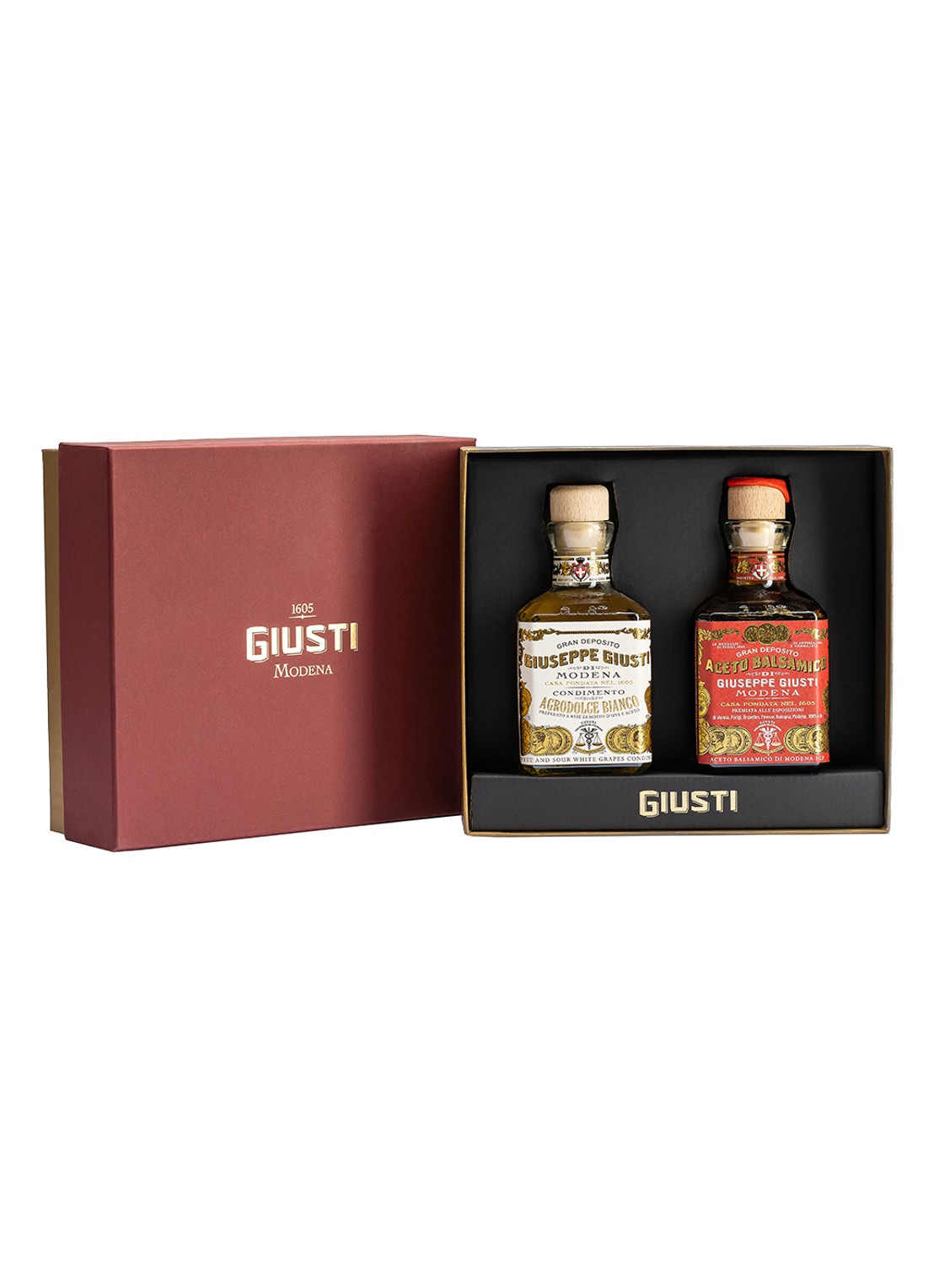 Giusti Agrodolce Bianco & Balsamico di Modena 3 Medaglie balsamicoazijn in geschenkverpakking 2 x 100 ml - voorkant undefined