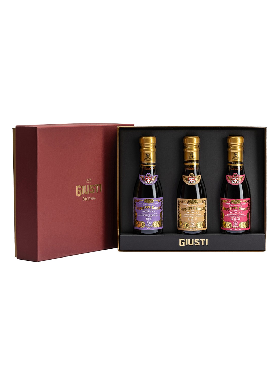 Giusti Balsamico Tris balsamicoazijn met truffel, vijg en framboos 3 x 100 ml - voorkant undefined