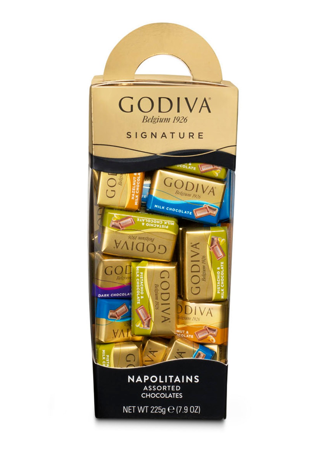 Godiva Signature Tower Napolitains chocoladetabletten 225 gram - voorkant geelgoud