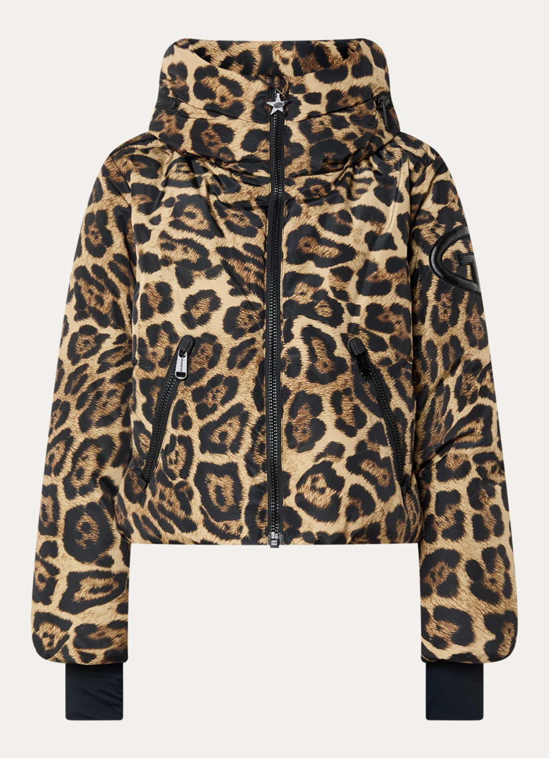 Goldbergh Pantera ski-jas met panterprint en opbergbare capuchon - voorkant 5 camel