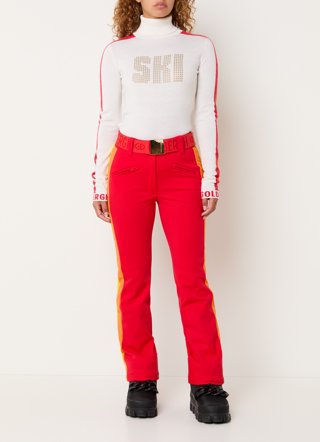 Goldbergh Roccia high waist flared fit skibroek met ceintuur - voorkant 7 rood