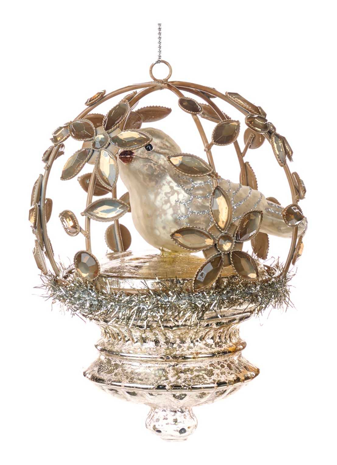 Goodwill Vogel in Bloemenkooi kersthanger 13 cm - voorkant goud