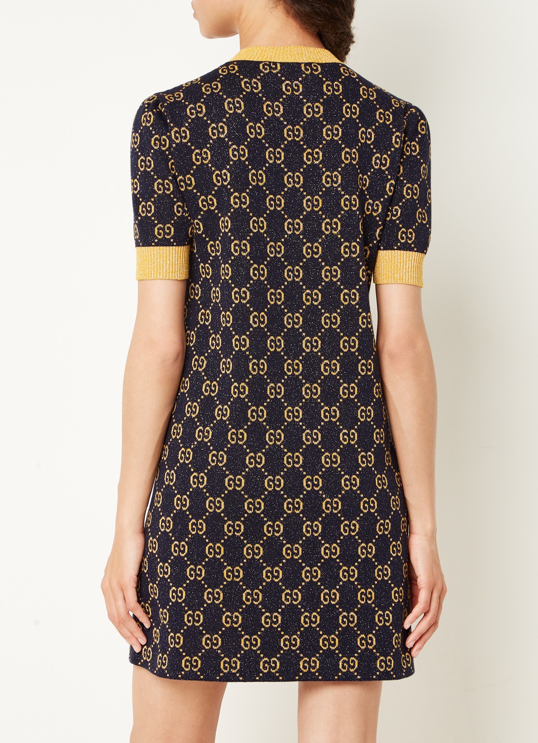 Gucci Fijngebreide mini jurk met lurex en logoprint - achterkant 4 donkerblauw