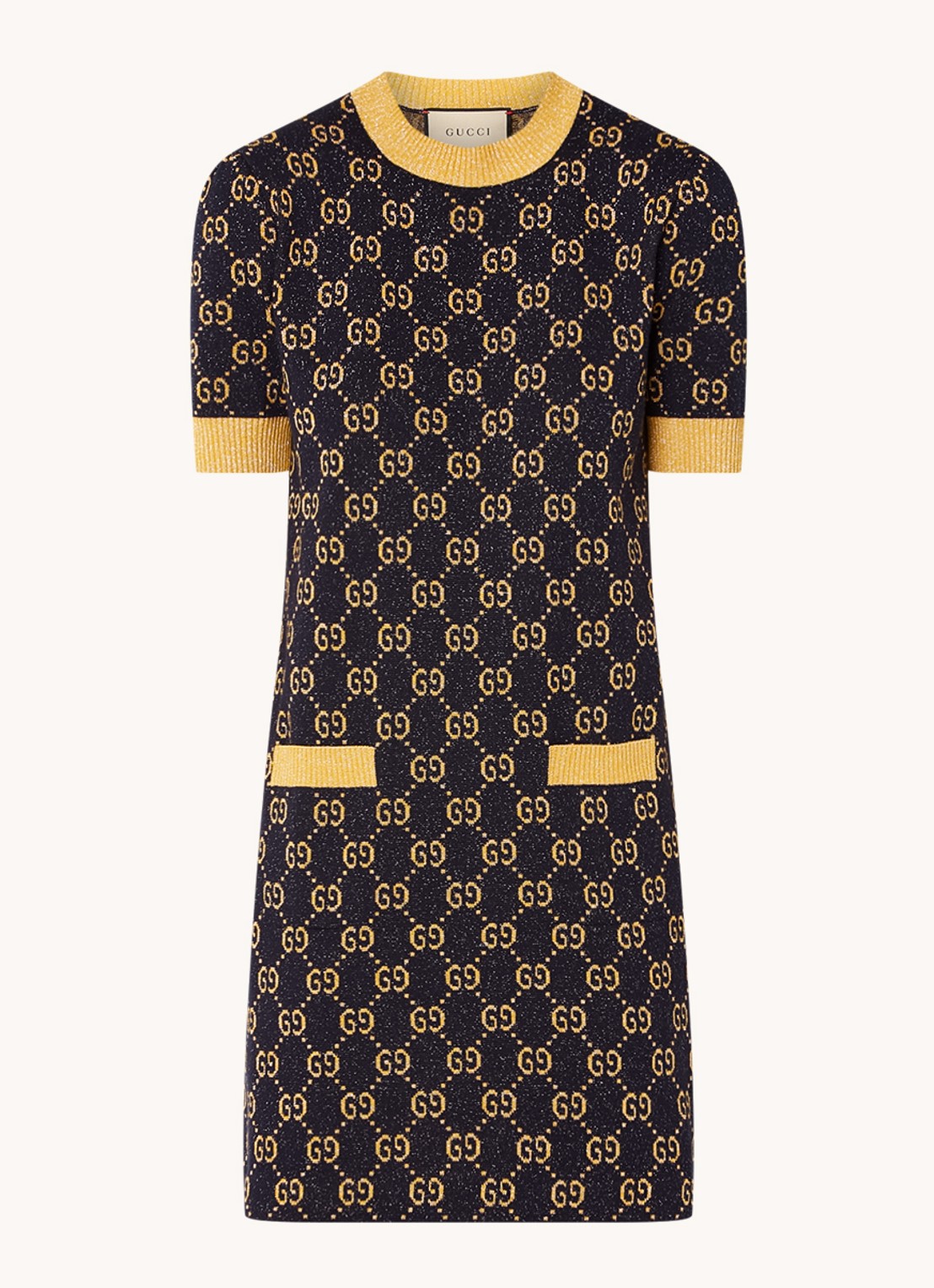 Gucci Fijngebreide mini jurk met lurex en logoprint - voorkant donkerblauw