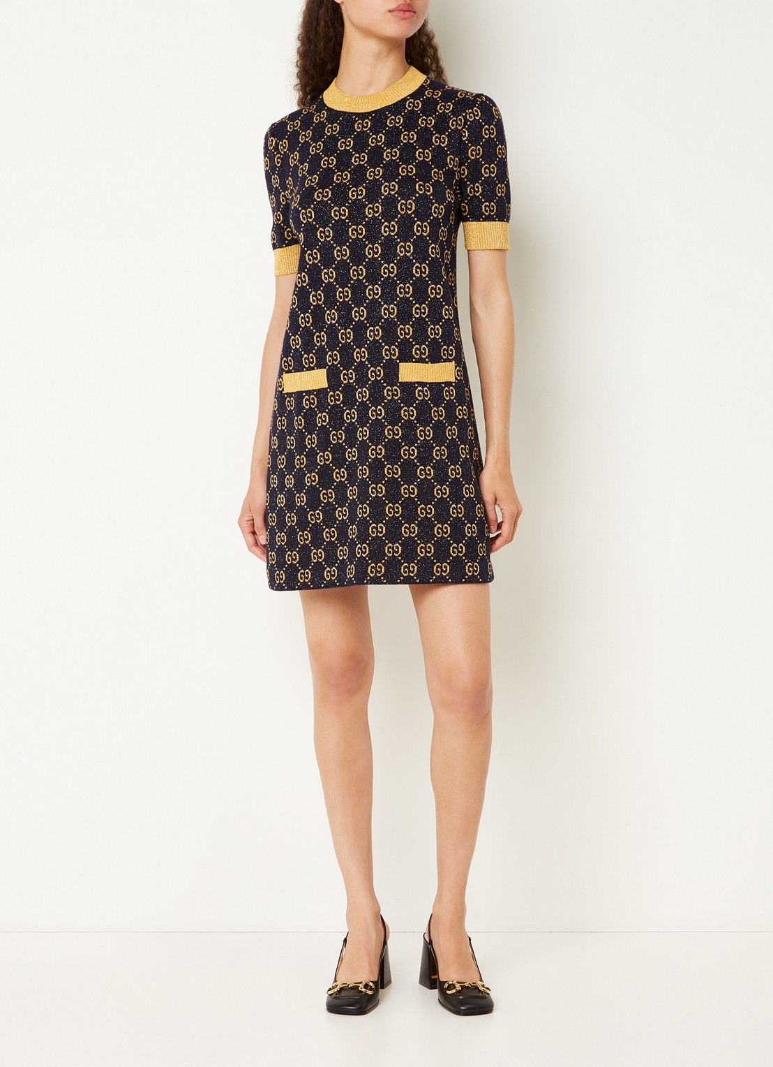 Gucci Fijngebreide mini jurk met lurex en logoprint - voorkant 2 donkerblauw