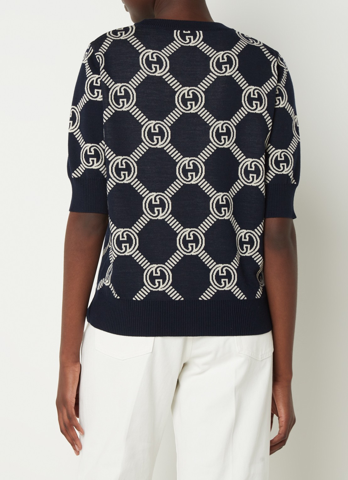 Gucci Fijngebreide top in wolblend met logopatroon - achterkant 5 donkerblauw