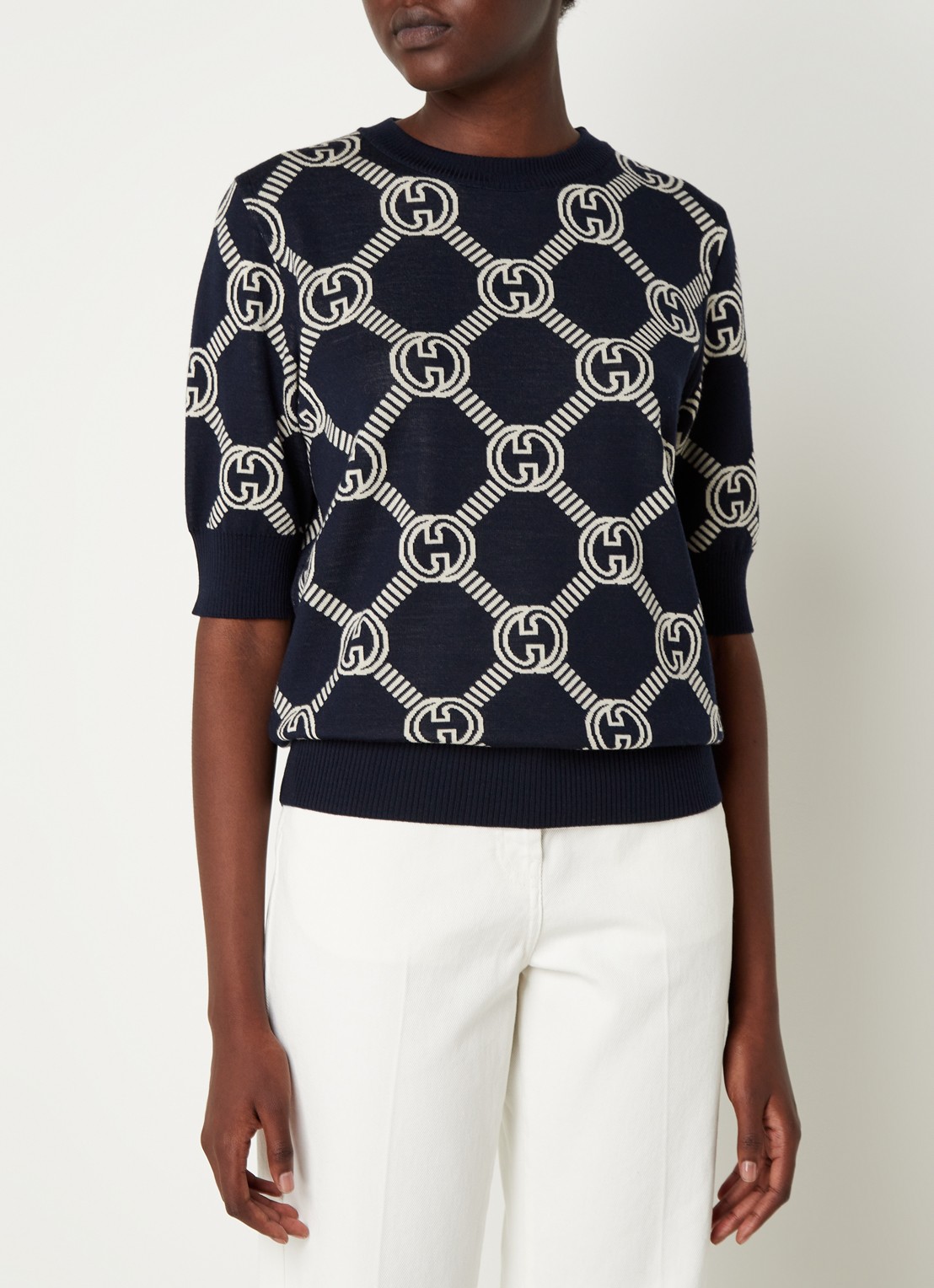 Gucci Fijngebreide top in wolblend met logopatroon - detail 4 donkerblauw
