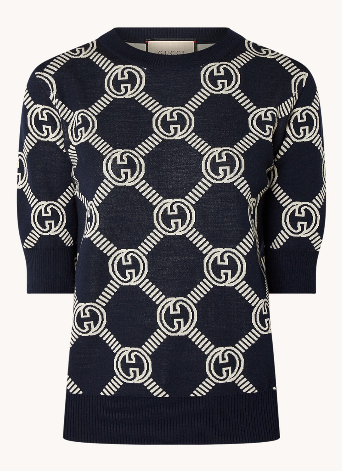 Gucci Fijngebreide top in wolblend met logopatroon - voorkant donkerblauw