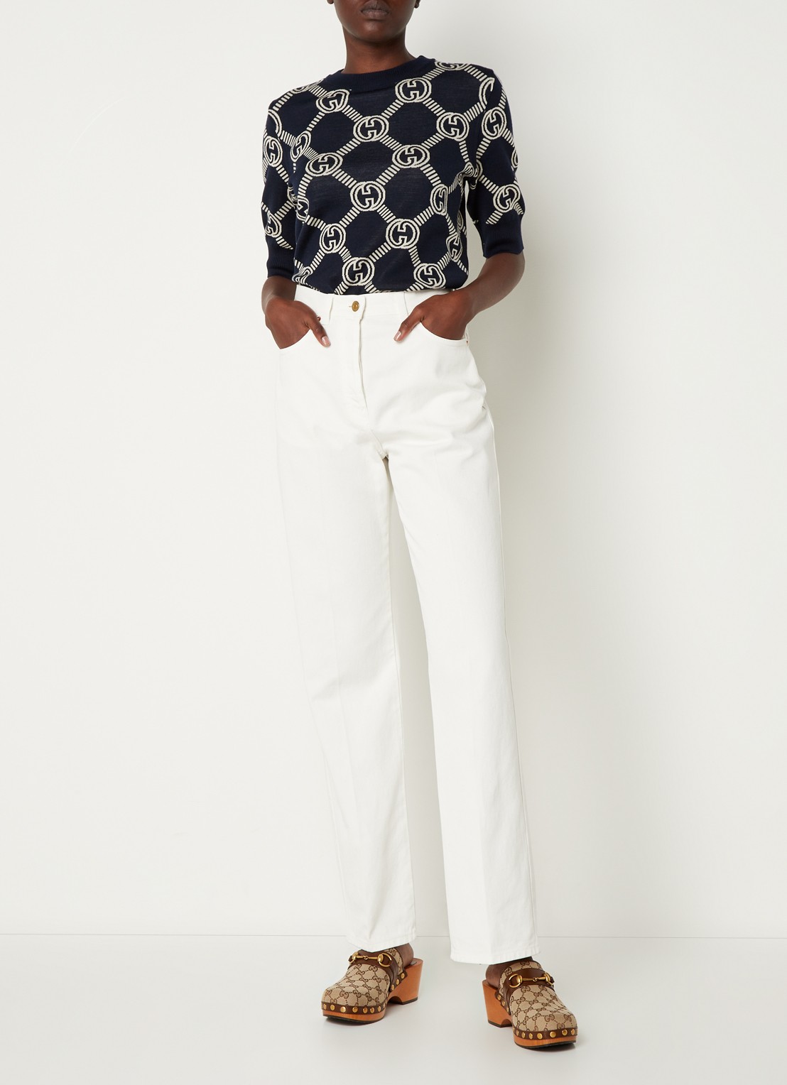 Gucci Fijngebreide top in wolblend met logopatroon - voorkant 2 donkerblauw