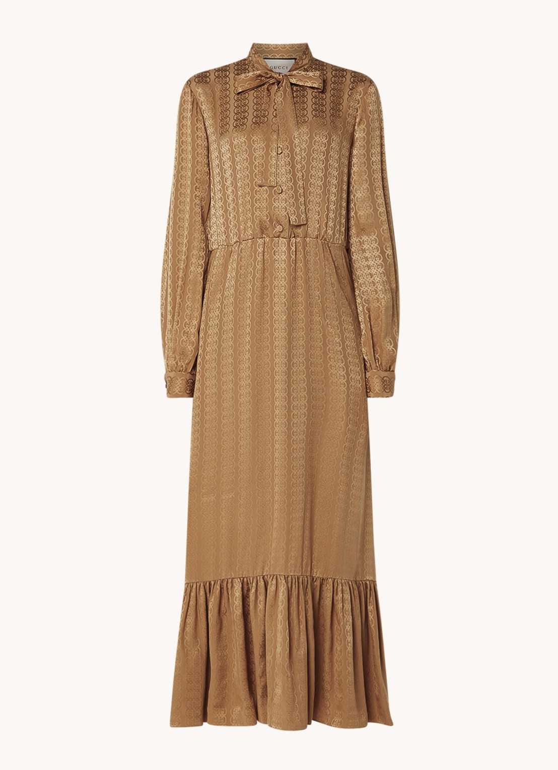 Gucci Maxi jurk van zijde met steekzakken en strikdetail - voorkant camel
