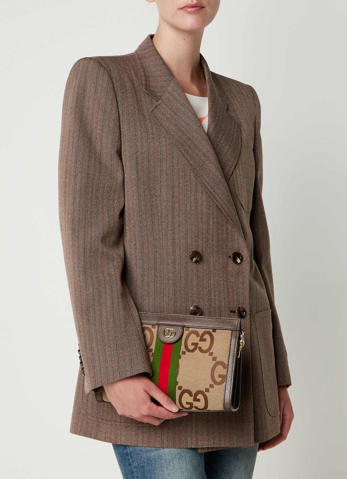 Gucci Ophidia Jumbo Small schoudertas van canvas met leren details - voorkant 3 lichtbruin