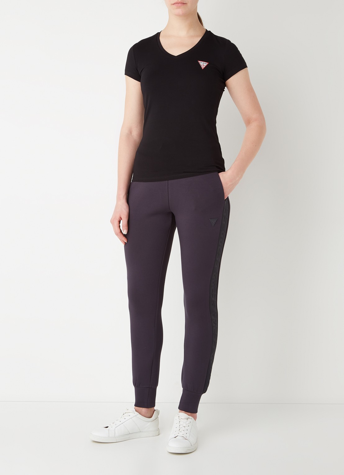 GUESS Allie Scuba high waist slim fit joggingbroek met logoband - voorkant 4 donkerblauw