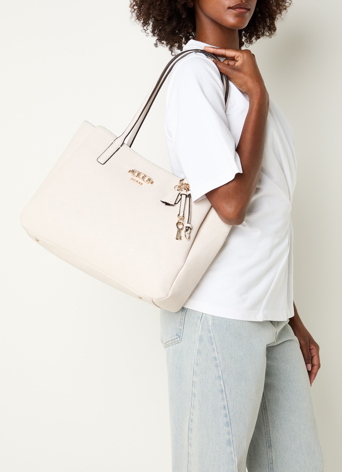 GUESS Anise handtas met logoprint  - voorkant 6 beige
