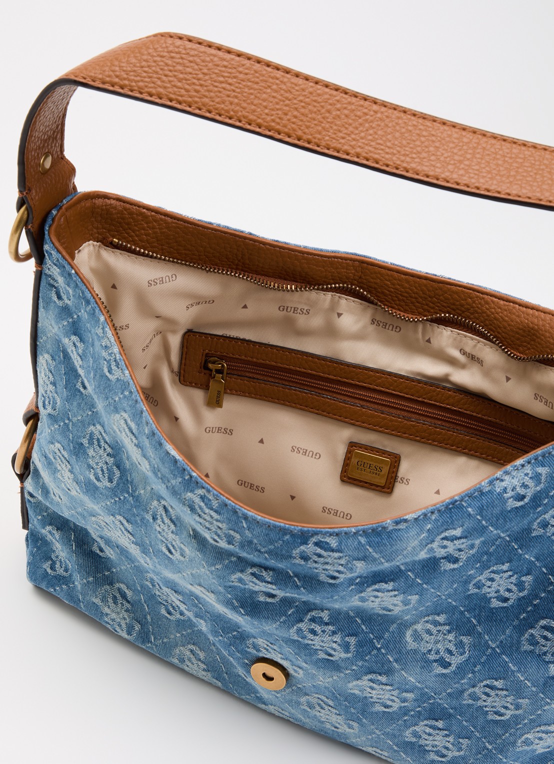 GUESS Camden Large schoudertas van denim met logoprint - detail staalblauw