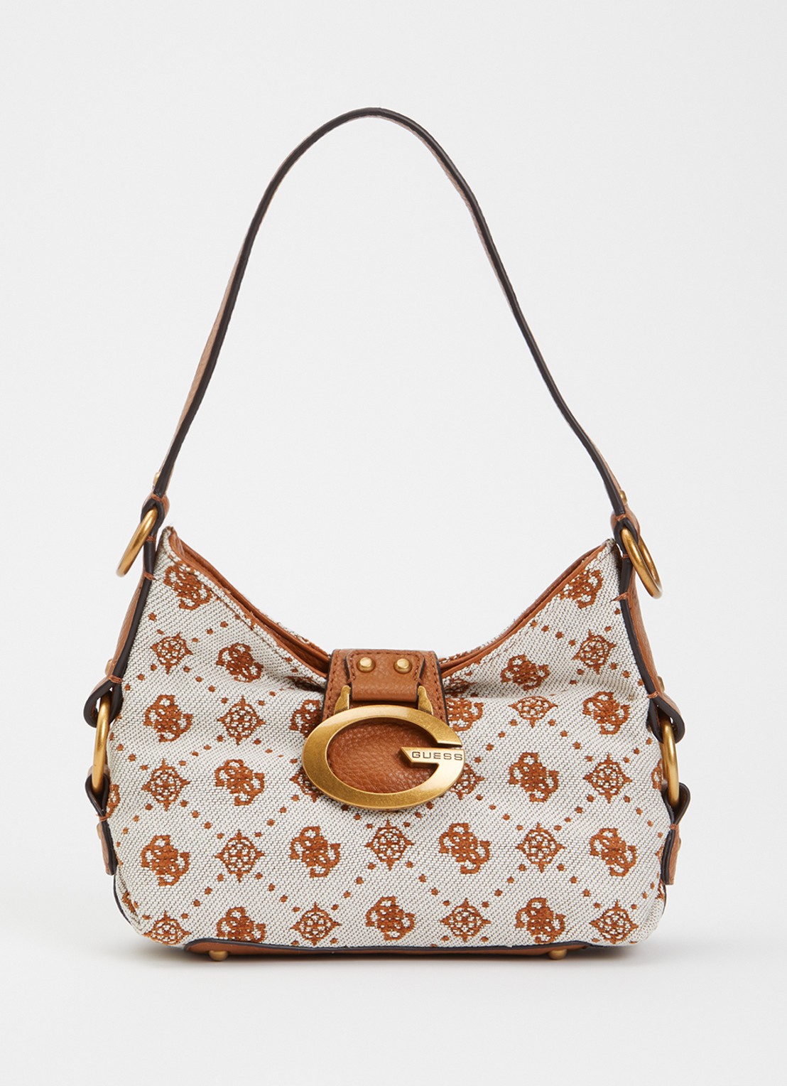 GUESS Camden Mini schoudertas met logoprint - voorkant cognac