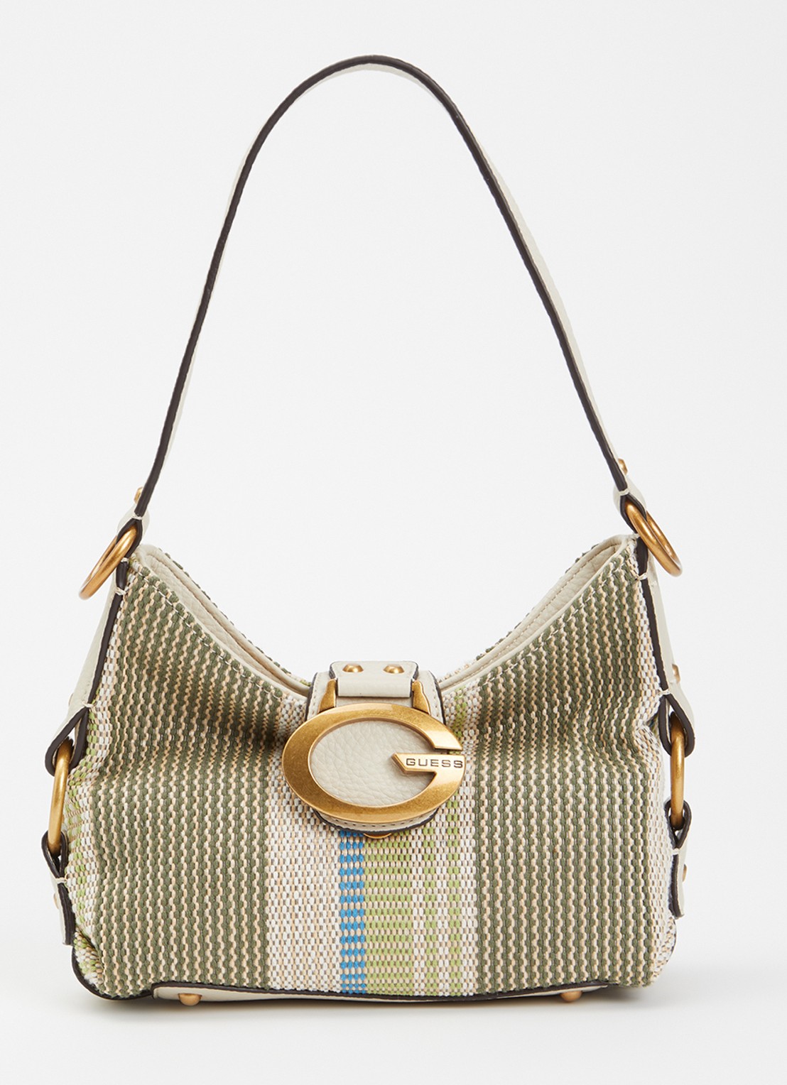 GUESS Camden Mini schoudertas met streepprint - voorkant olijfgroen