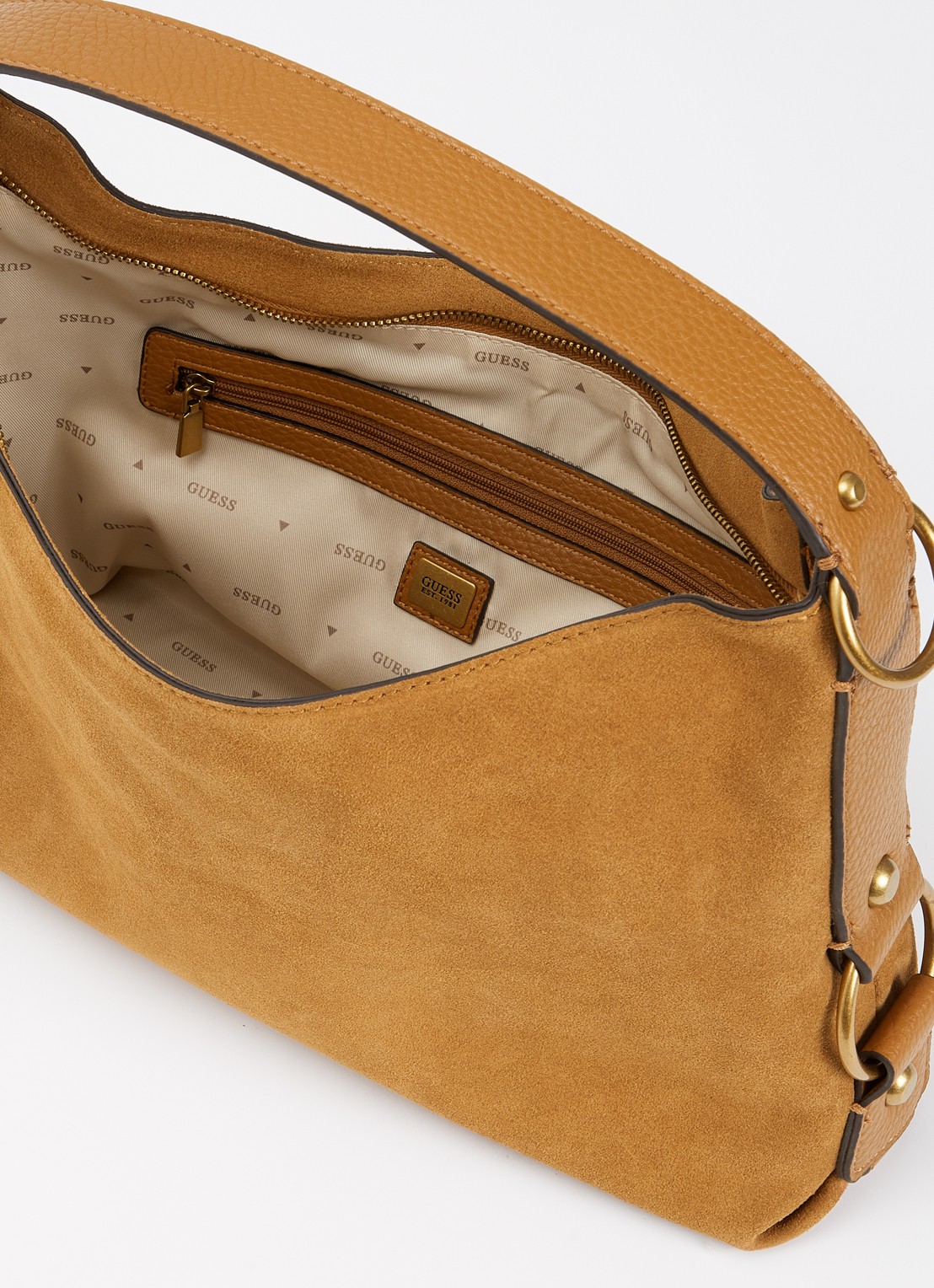 GUESS Camden schoudertas met logo - detail cognac