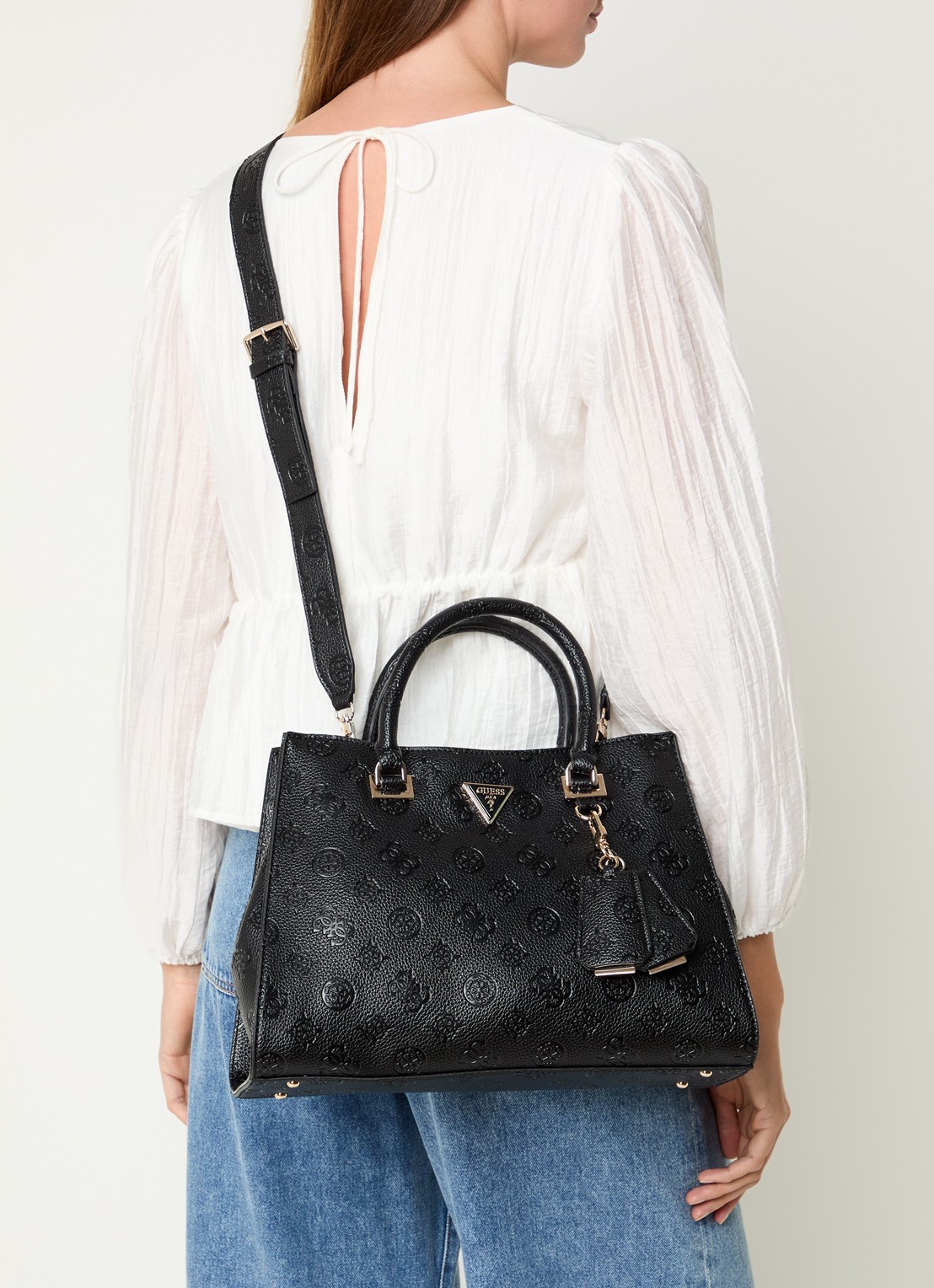 GUESS Cresidia handtas met logo en afneembare schouderriem - voorkant 6 zwart