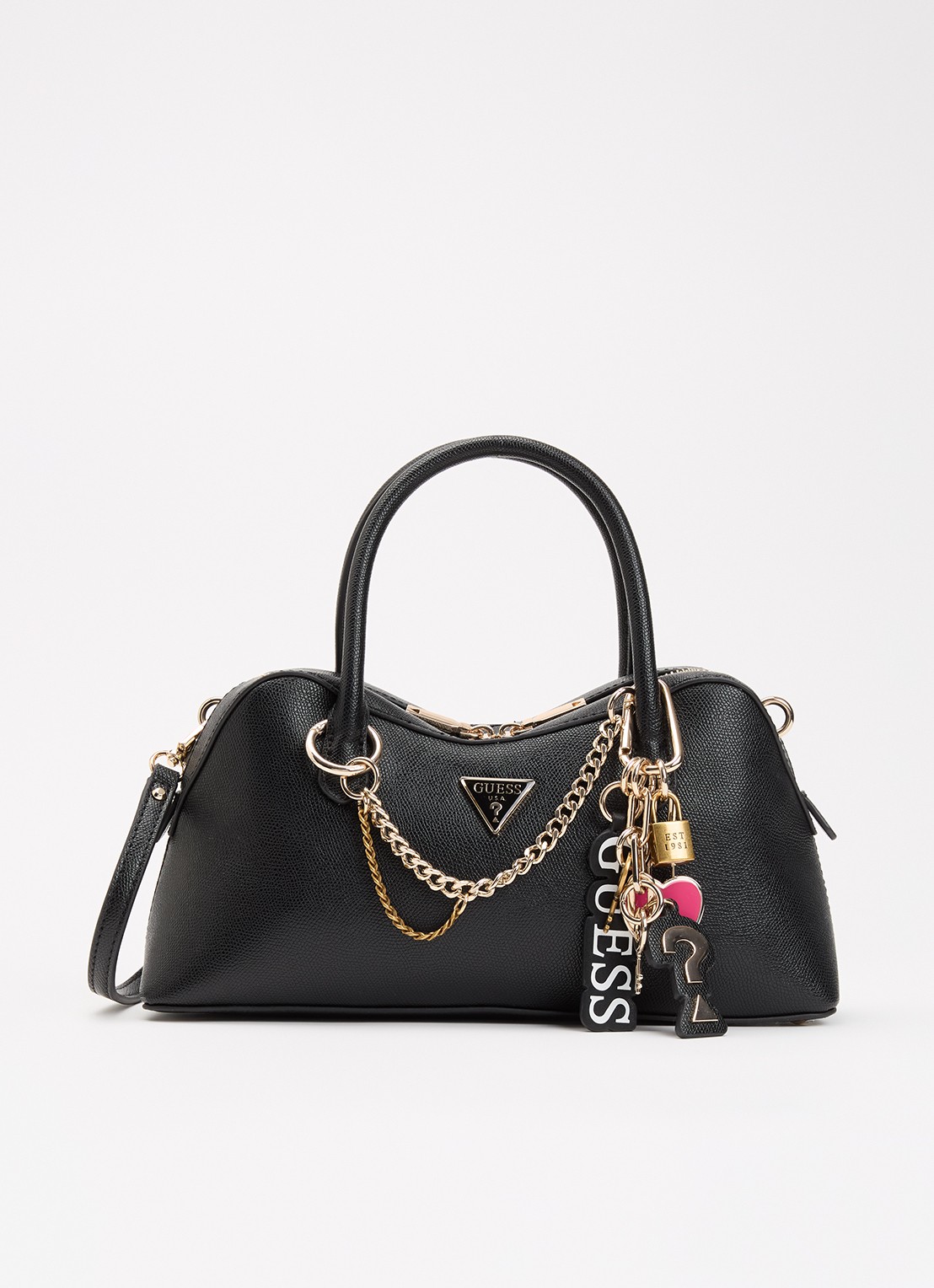 GUESS Davina Charms handtas met afneembare schouderriem en tasbedel - voorkant 5 zwart