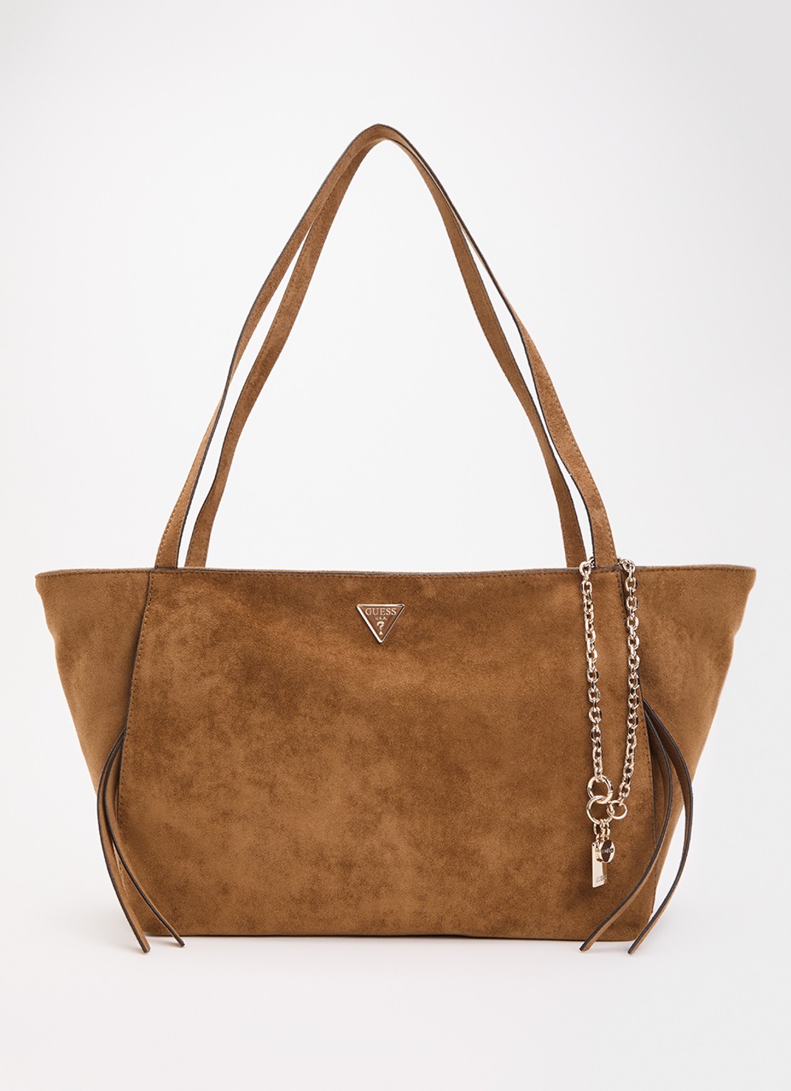 GUESS Devon 3 schoudertas met tasbedel - voorkant cognac
