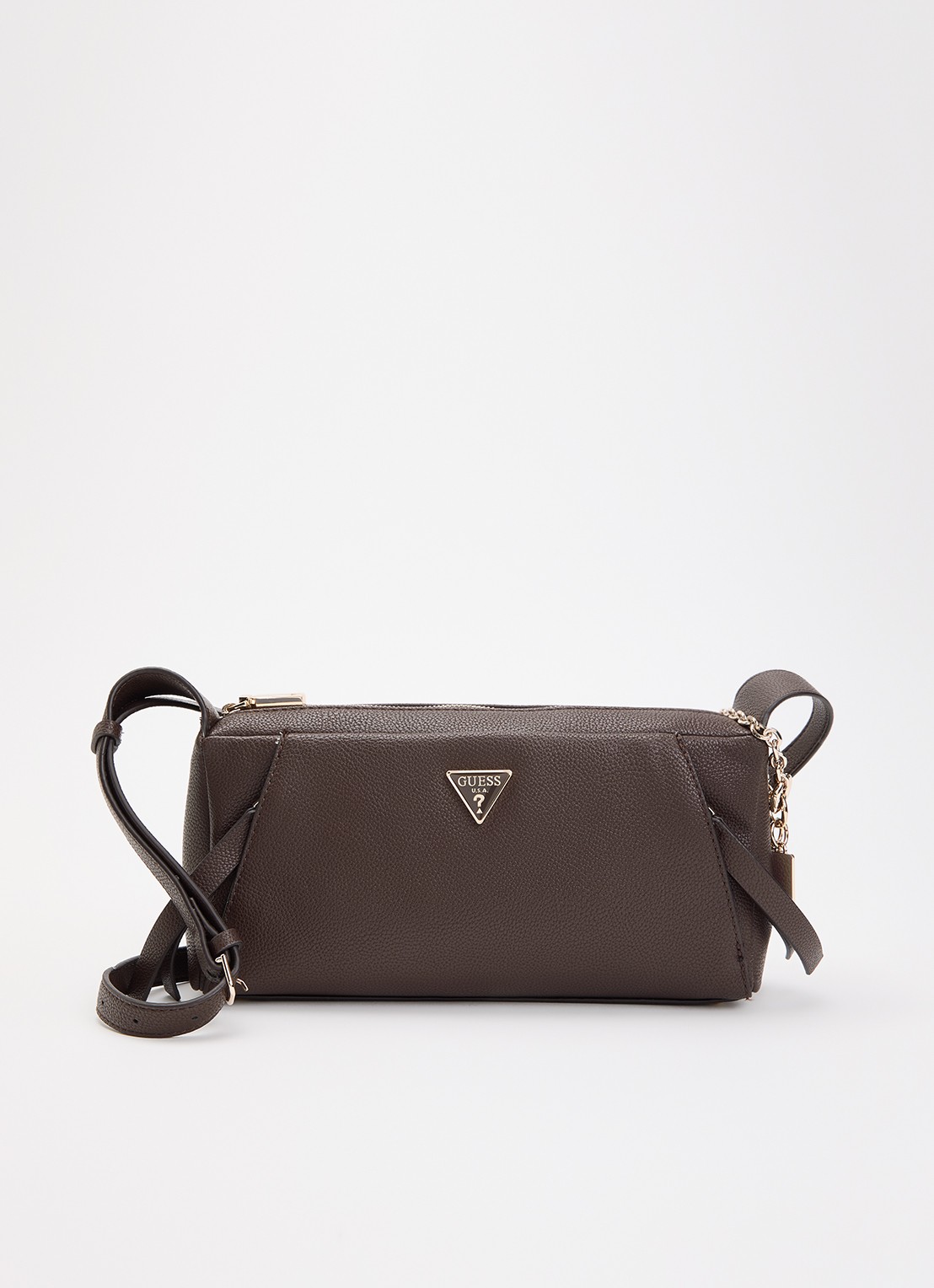GUESS Devon Mini crossbodytas met verstelbare schouderriem - voorkant 5 donkerbruin