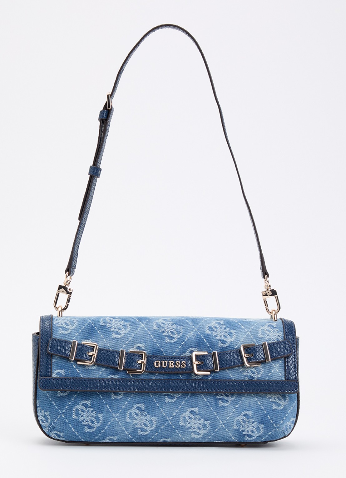GUESS Dovie schoudertas van denim met logo print  - voorkant 5 indigo