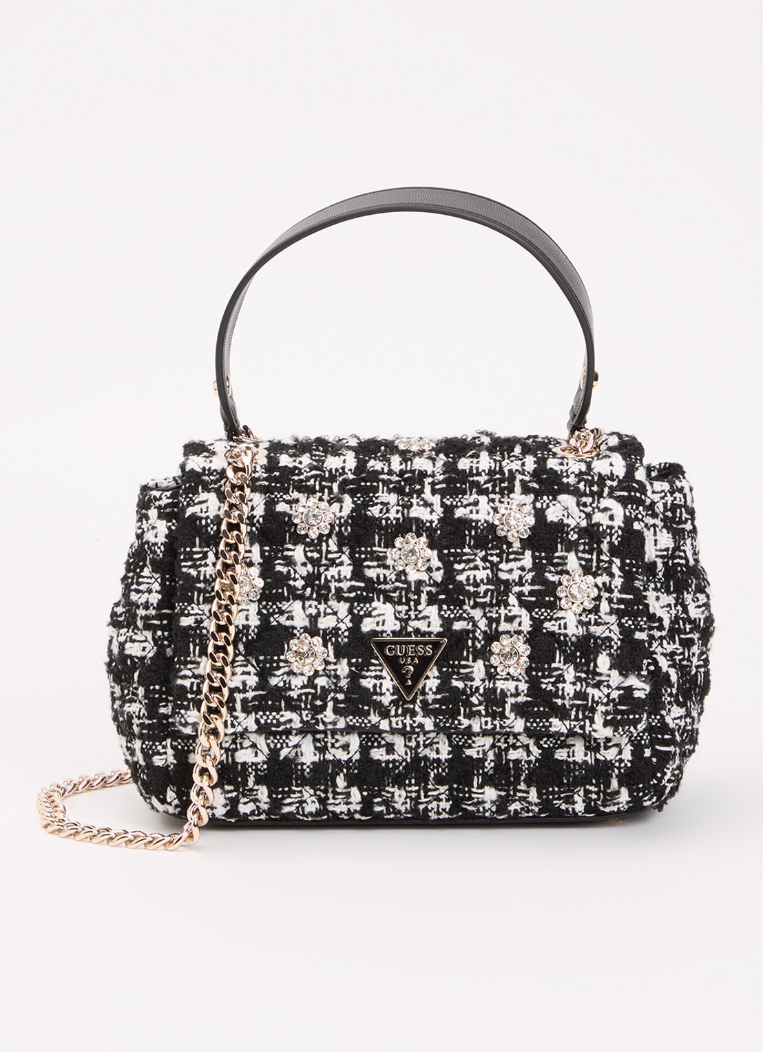 GUESS Everlee schoudertas met tweed-look - voorkant 5 zwart