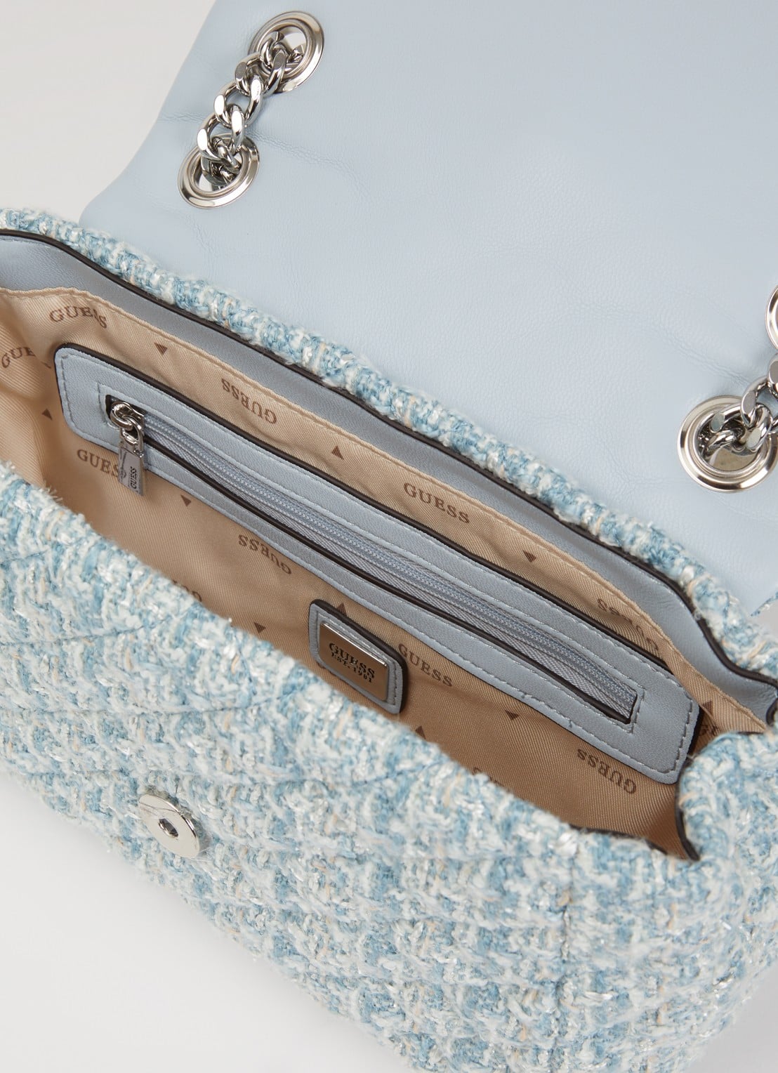 GUESS Everlee schoudertas met tweed-look - detail blauw