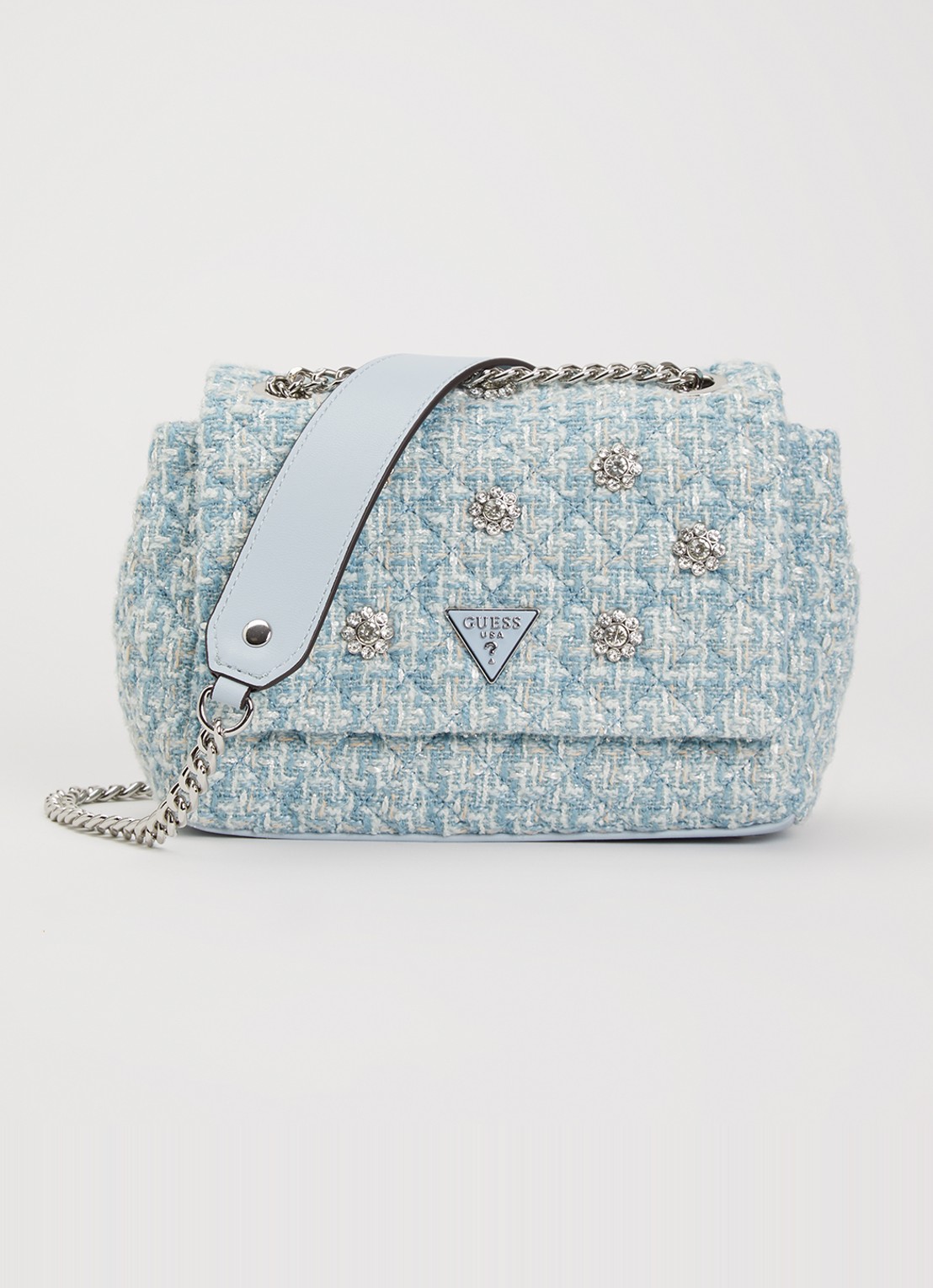 GUESS Everlee schoudertas met tweed-look - voorkant 3 blauw