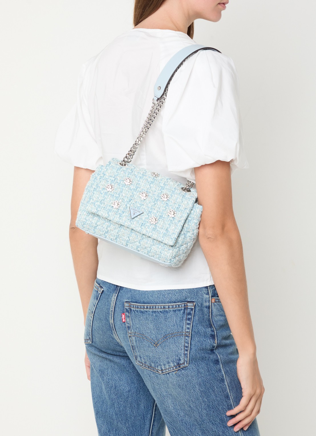 GUESS Everlee schoudertas met tweed-look - voorkant 5 blauw