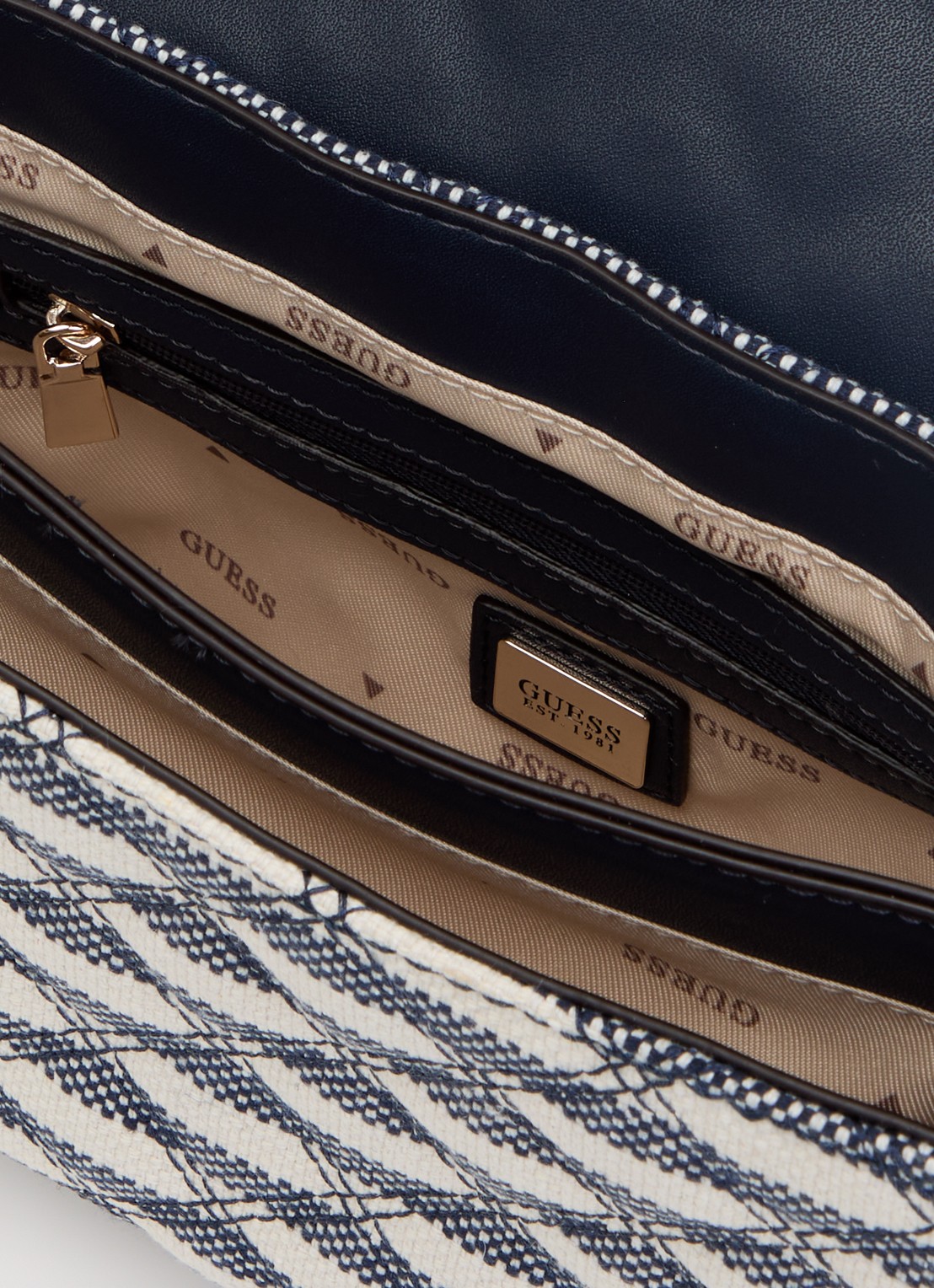 GUESS Giully II schoudertas met streepprint en verstelbare schouderriem - detail 3 donkerblauw