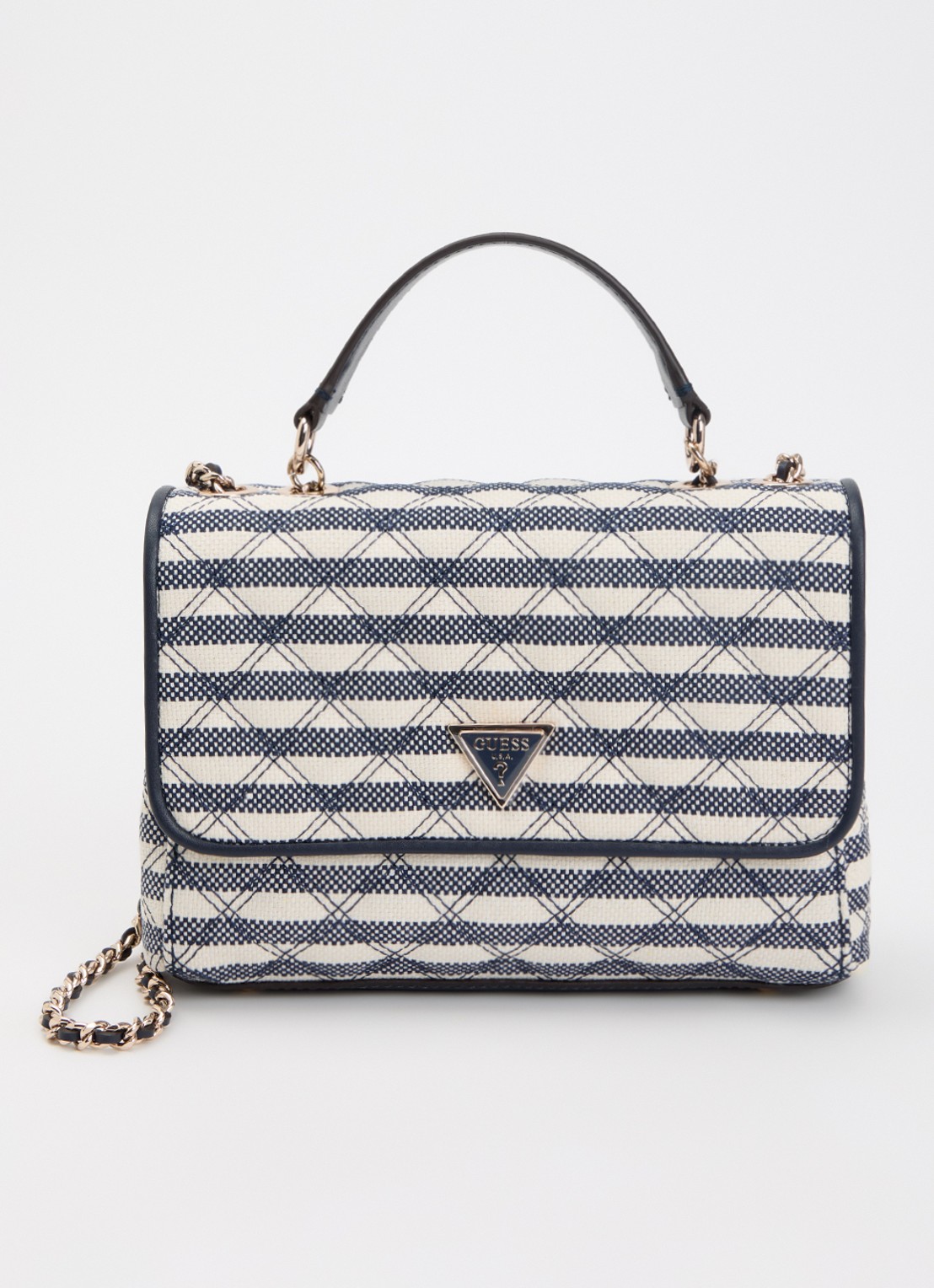 GUESS Giully II schoudertas met streepprint en verstelbare schouderriem - voorkant 2 donkerblauw