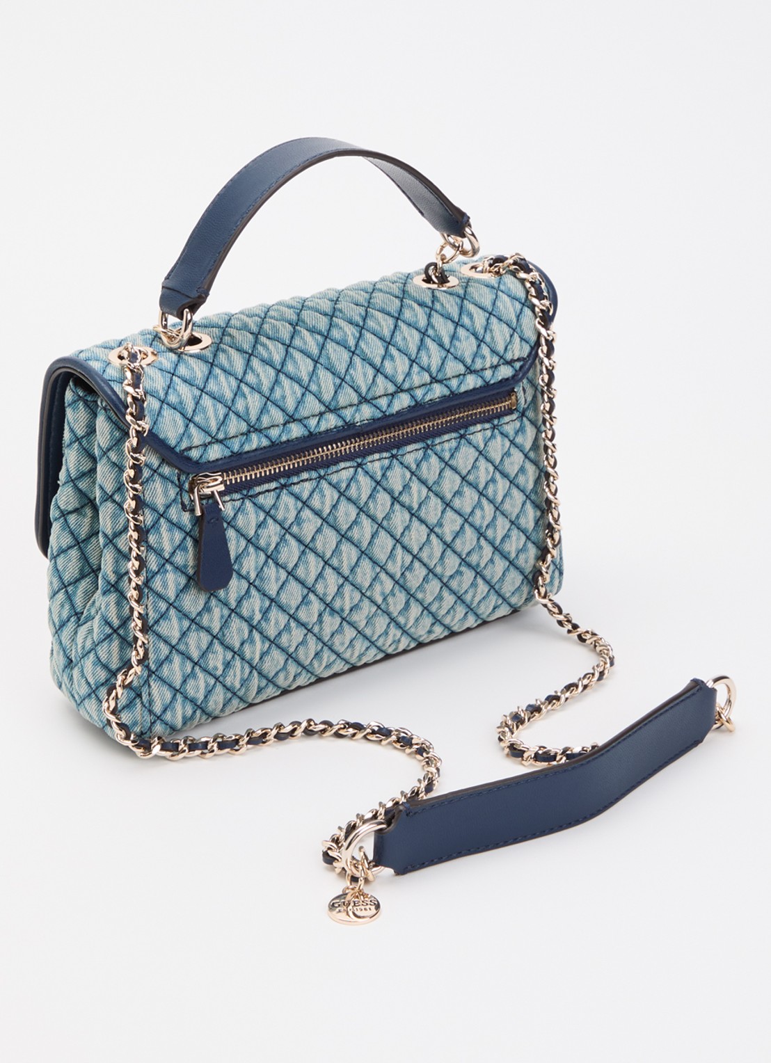 GUESS Giully II schoudertas van denim met quilt patroon en verstelbare schouderriem - achterkant 4 blauw