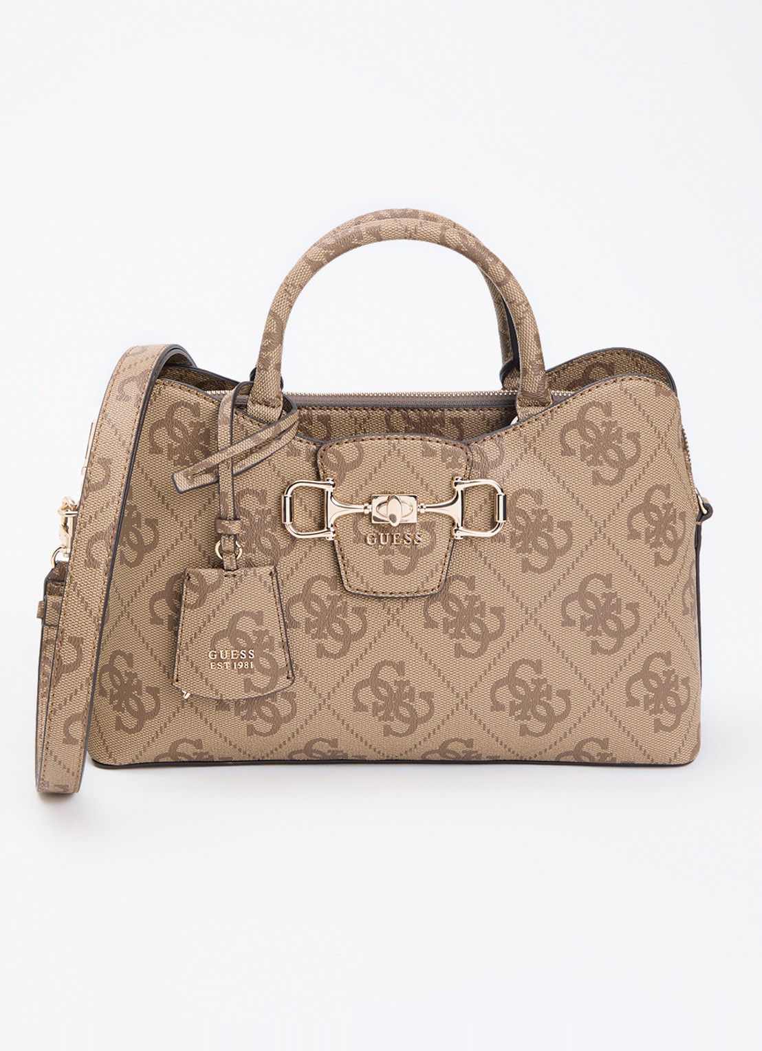 GUESS Jannie handtas met logoprint en afneembare schouderriem - voorkant 2 beige