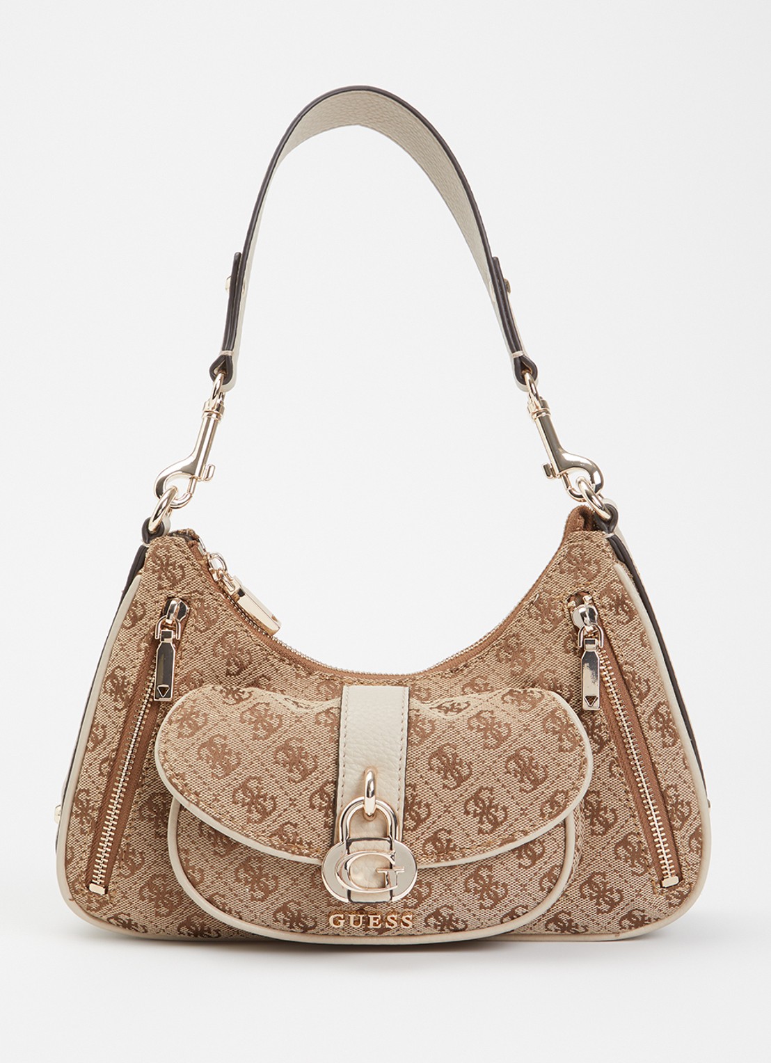 GUESS Jessa schoudertas met logoprint en afneembare schouderriem - voorkant 5 lichtbruin