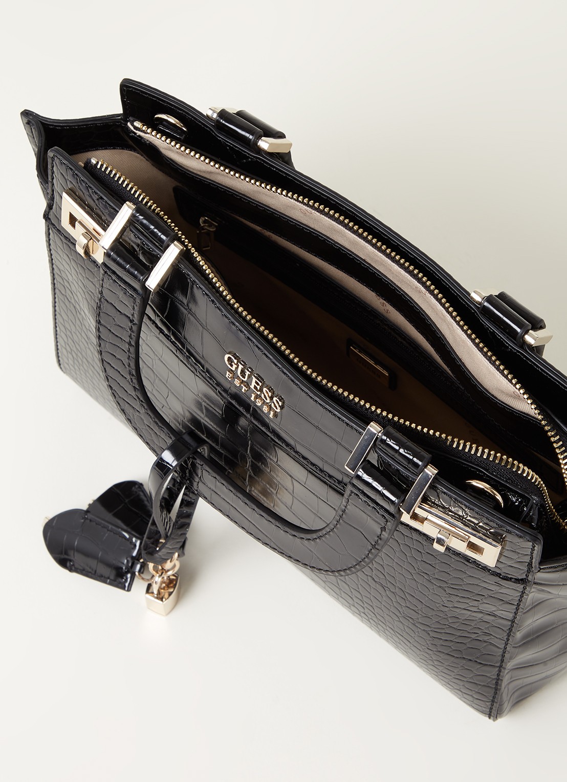 GUESS Katey handtas met crocostructuur - detail zwart