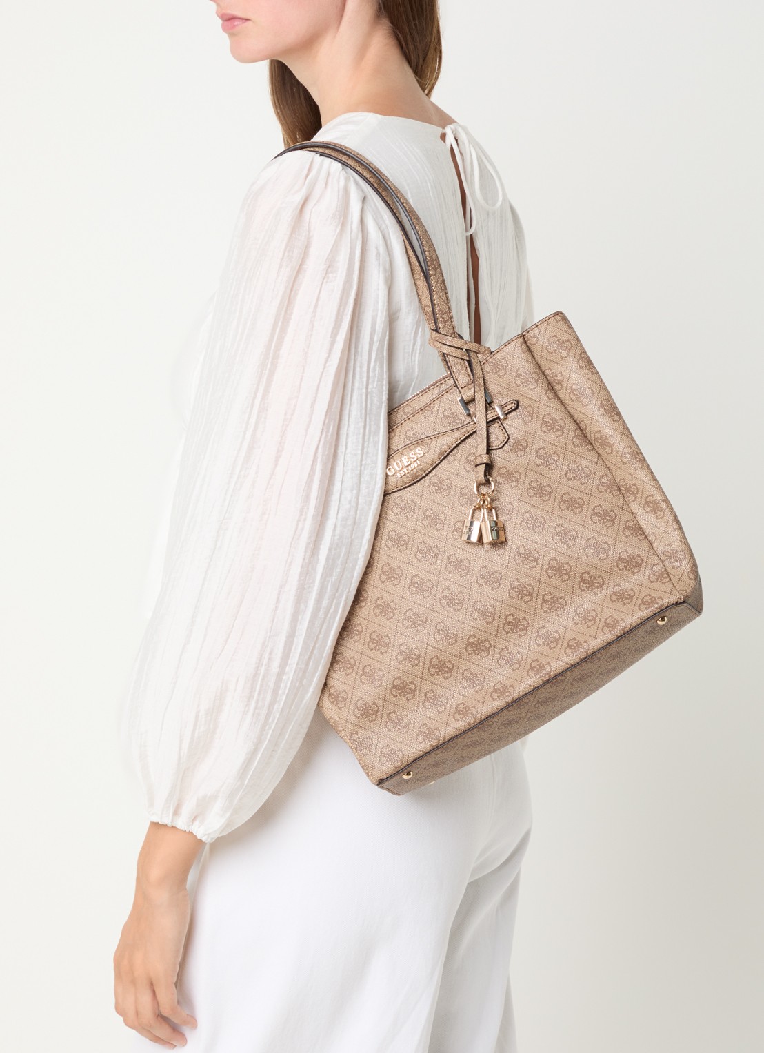 GUESS Katya schoudertas met logoprint - voorkant 3 lichtbruin