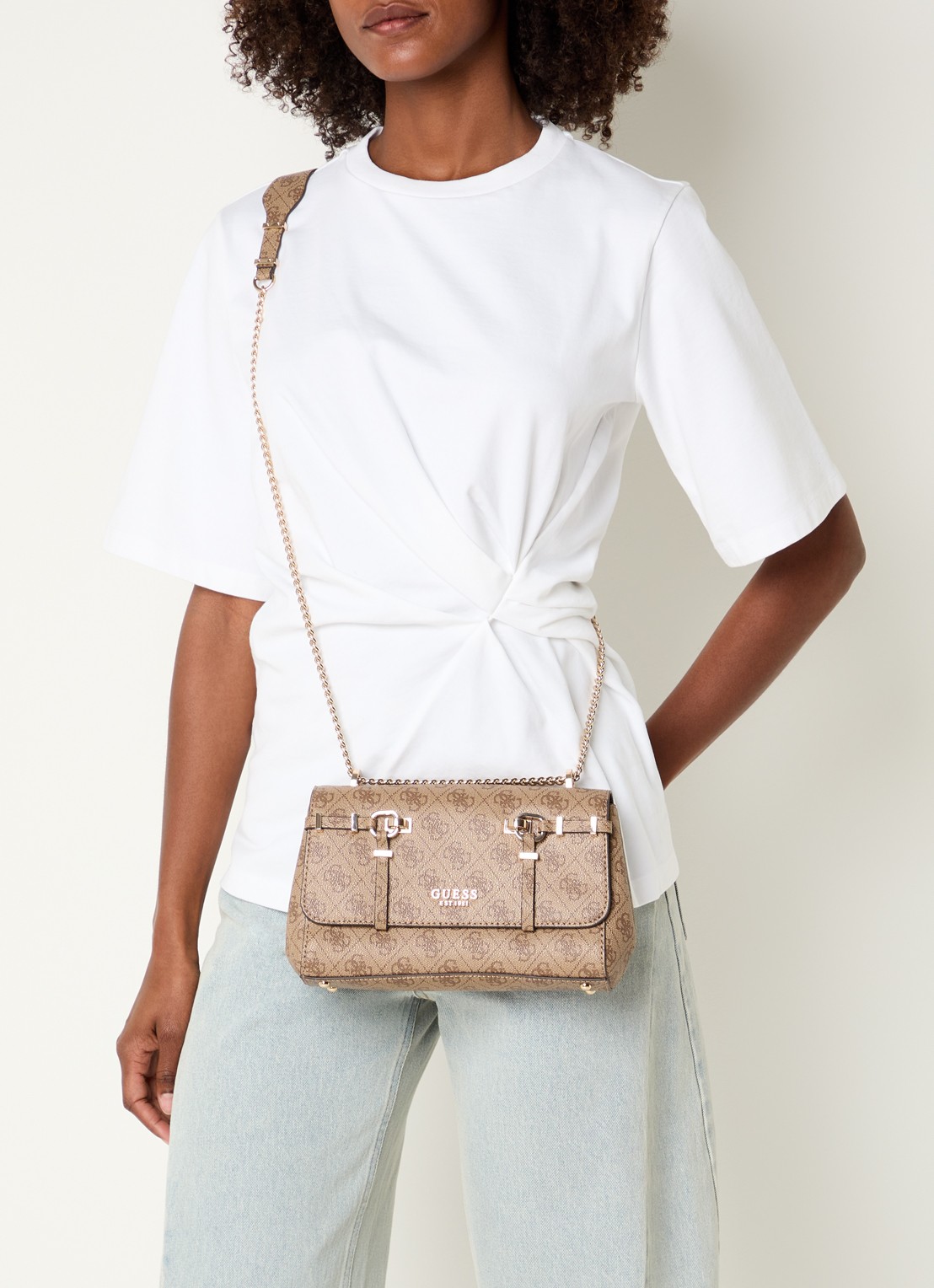 GUESS Leona Logo crossbodytas met logoprint  - voorkant 3 zand