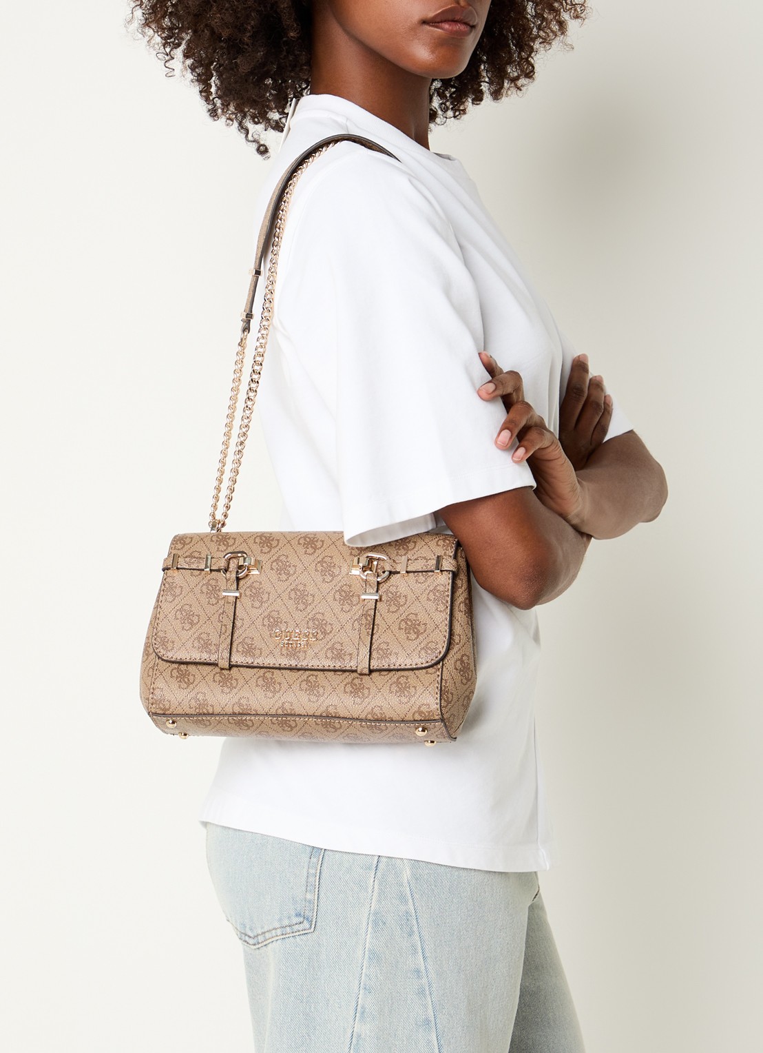 GUESS Leona Logo crossbodytas met logoprint  - voorkant 4 zand