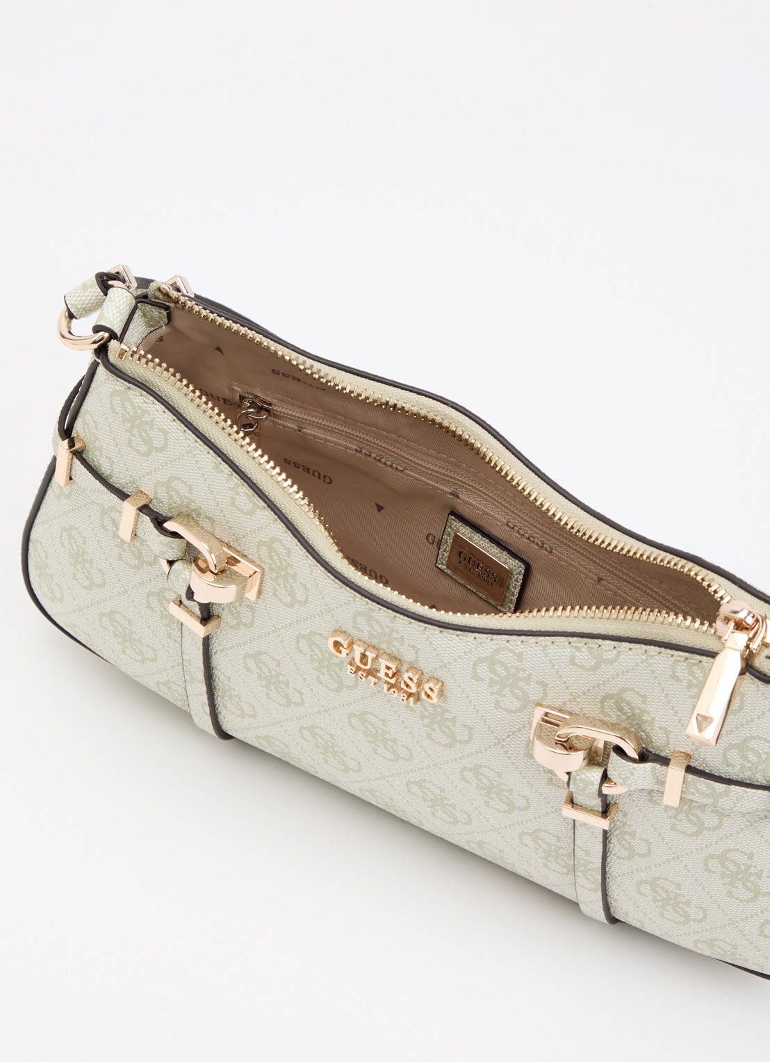 GUESS Leona logo schoudertas met logoprint  - detail lichtgroen