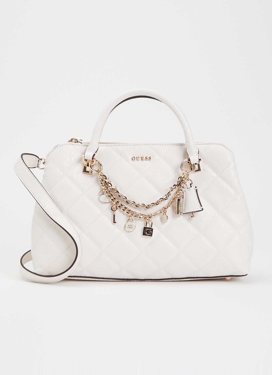 GUESS Libby handtas met logoprint en afneembare schouderriem - voorkant gebroken wit