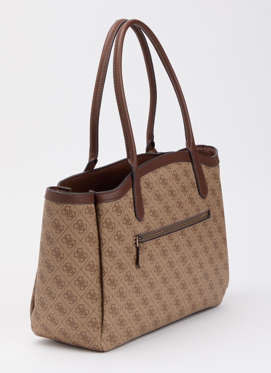 GUESS Lindsey schoudertas met logoprint en tasbedel  - achterkant hazelnootbruin