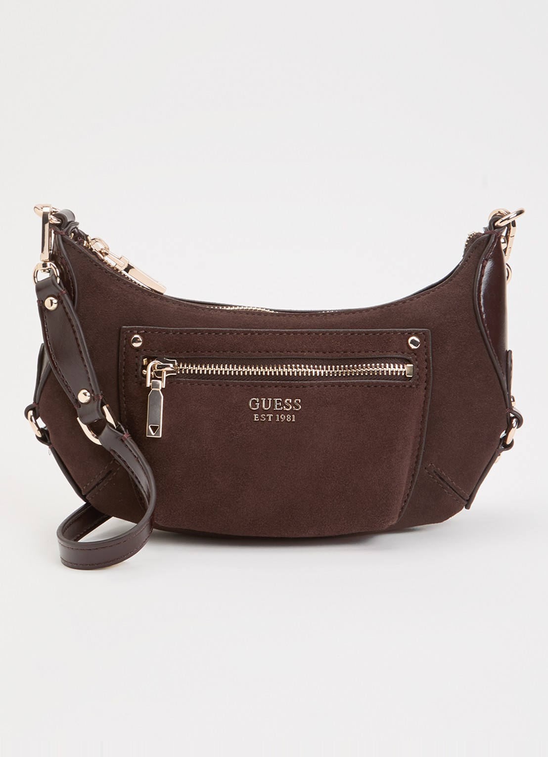 GUESS Marsha Mini crossbodytas van suède met leren details - voorkant donkerbruin