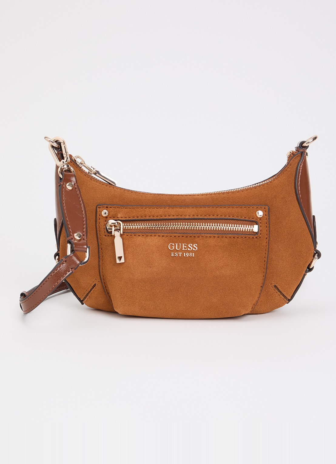 GUESS Marsha Mini crossbodytas van suède met leren details - voorkant 5 cognac