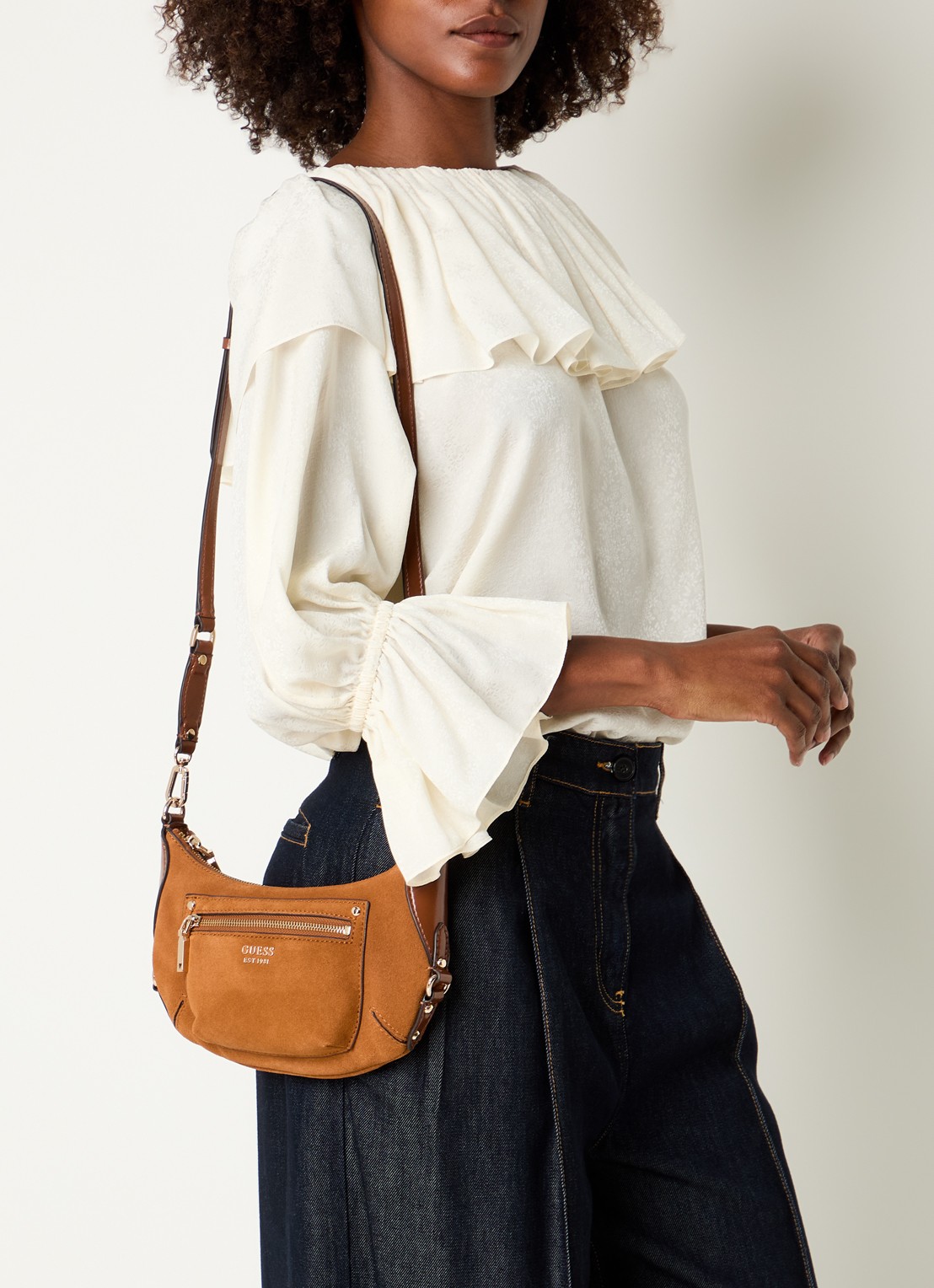 GUESS Marsha Mini crossbodytas van suède met leren details - voorkant 6 cognac