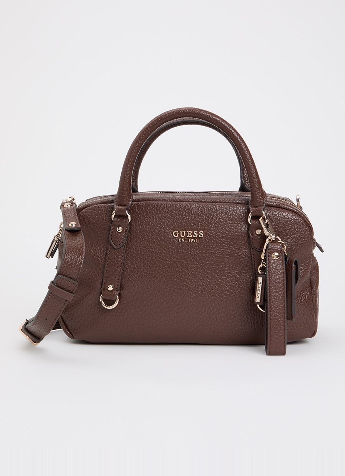 GUESS Marsha mini handtas met logo en tasbedel  - voorkant 2 donkerbruin